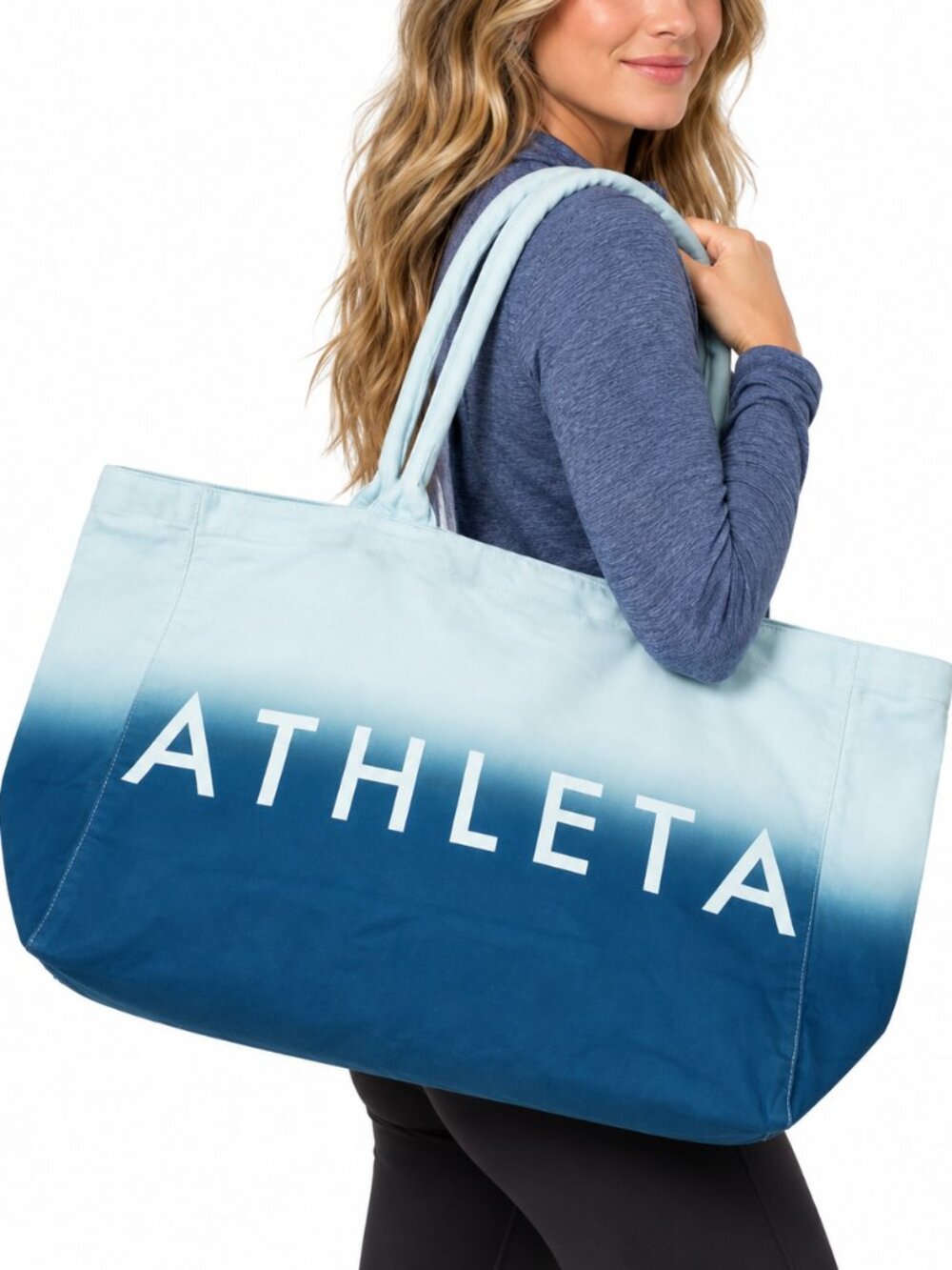ATHLETA Dip Dye Canvas Tote Gym Bag Blue Ombre Cotton Shopper Overnight Travel